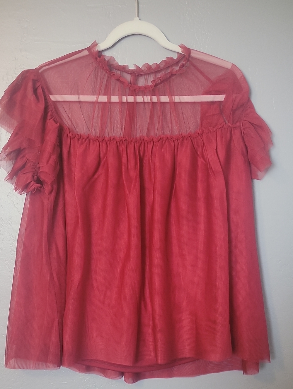 Red Sheer Overlay Ruffle Neck Dress